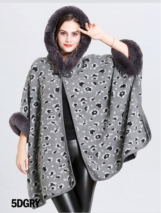 Soft Leopard Print Cape W/ Fur Detailing